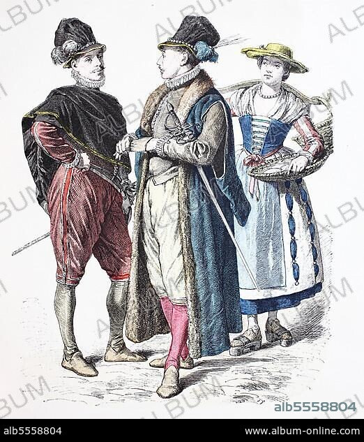 Folk traditional costume, clothing, history of costumes, persons from Venice, Milan and Florent, Italy, 1570-1600, digitally restored reproduction of a 19th century original, exact date unknown, Europe.