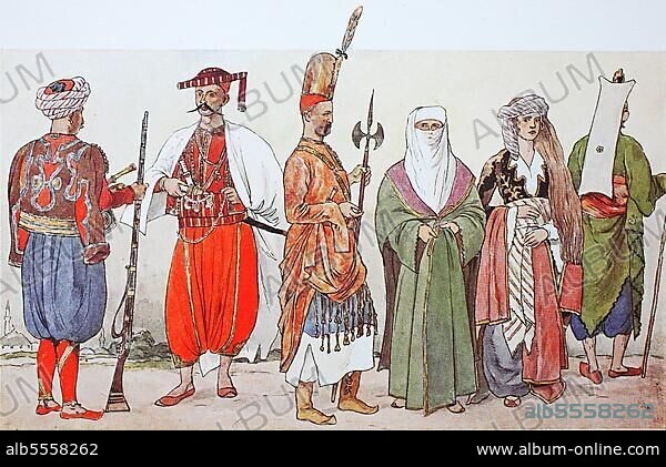 Mode, Kleidung, Trachten in der Türkei von 1800, 1825, Soldaten und Frauen, von links, ein Janitscharenvertreter, ein sogenannter Jamak, dann ein Marinesoldat, ein Peik, eine Art Gardist, eine Türkin im Schleier, eine Türkin im Hausanzug, digitale Reproduktion einer Originalvorlage aus dem 19. Jahrhundert, Originaldatum nicht bekannt.
