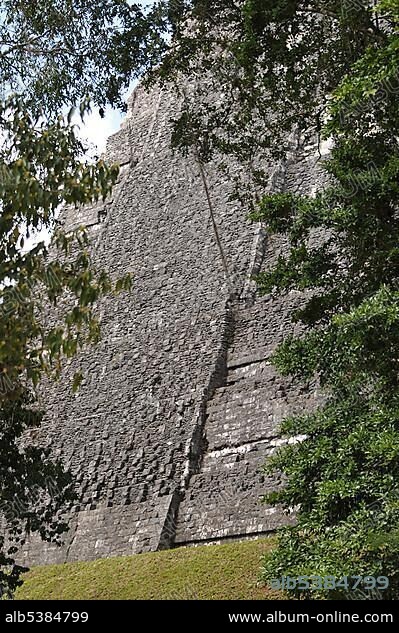 Rear of Temple 1, Temple of the Great Jaguar, Mayan ruins, Tikal, Guatemala, Central America.