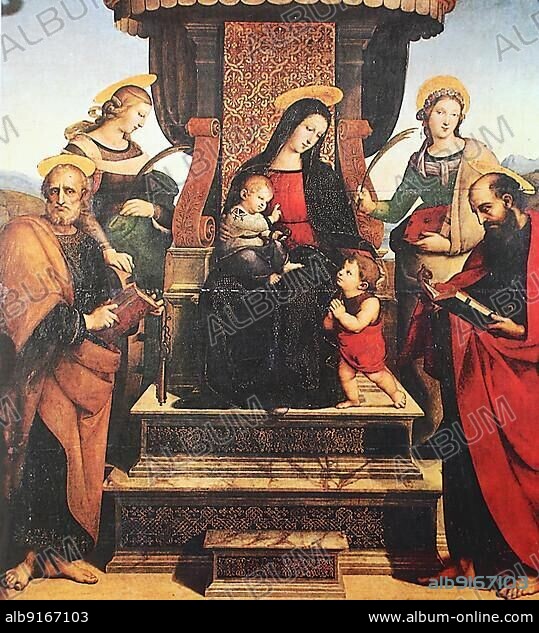 Madonna and Child surrounded by five saints, Pala Colonna, by Raffaello Sanzio da Urbino, also Raphael da Urbino, Raffaello Santi, Raffaello Sanzio, Raphael, Italian painter, Italy, digitally restored reproduction of a work of art (public domain) from c. 1500, Europe.