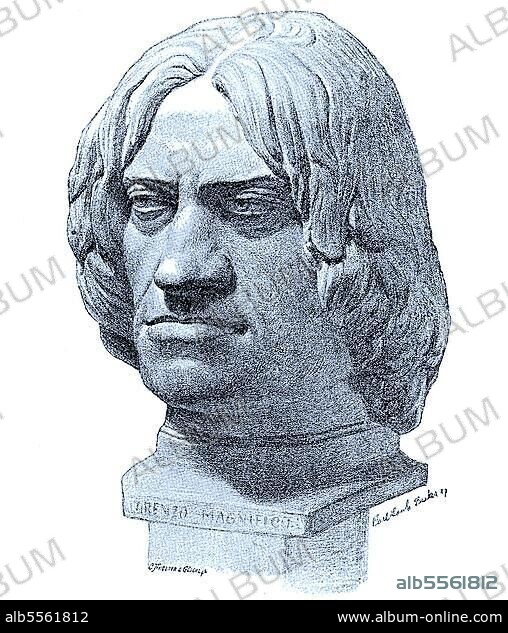 Terrakotta-Büste von Lorenzo de Medici, il Magnifico, 1. Januar 1449, 8. April 1492, war ein Bankier und Politiker in Florenz aus der Familie Medici, digitale verbesserte Reproduktion eines Originaldrucks von 1880.