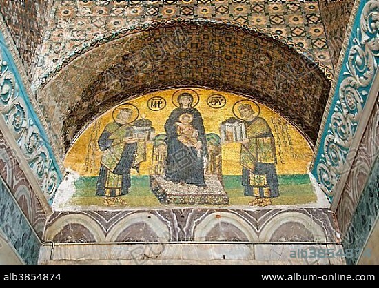 Emperor Constantinople, Justinian, Virgin Mary with Jesus, Byzantine deesismosaic, interior view of Hagia Sophia, Ayasofya, UNESCO World Cultural Heritage Site, Istanbul, Turkey, Asia.
