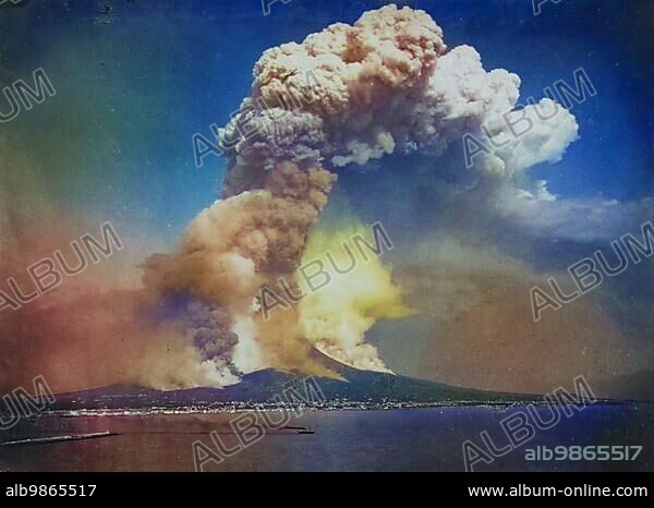 The eruption of the volcano Vesuvius on 26 April 1872, 3.30 a.m., Naples, Italy, Historical, digitally restored reproduction of a photo by Giorgio Sommer, coloured, Europe.