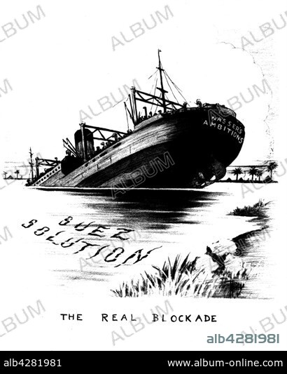 Caricature about the nationalization of the Suez canal by colonel Nasser. 1956. Egypt - Suez Affair. Washington - Library of Congress.