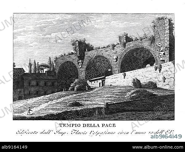 Templum Pacis, Temple of Peace, was a temple in ancient Rome, it stood on the Forum of Peace, Forum Pacis, Italy, digitally restored reproduction from Vedute principali e piu interessanti di Roma by Giovanni Battista, 1799, Europe.