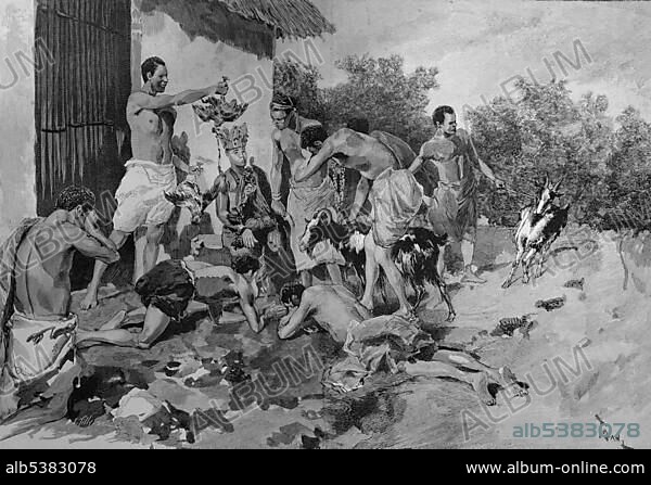 Sacrifice of animals in front of a war fetish in Dahomey, now Benin, Africa, woodcut circa 1871.