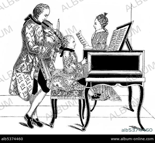 Historical drawing from the 19th Century, image of the Mozart family with father Leopold and sister Nannerl or Maria Anna and Wolfgang Amadeus Mozart, 1756-1791, composer of the Viennese Classical period.