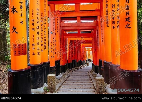 Red Tori Gate at Fushimi Inari Shrine in Kyoto, Japan. One of the largest tourist attractions in Japan.