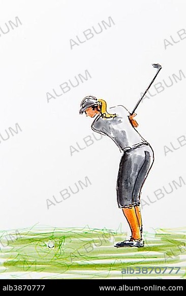 Female golfer at the tee, drawing by the artist Gerhard Kraus, Kriftel, illustration.