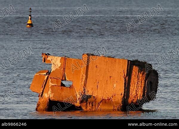 Remains of a World War II bunker on the island of Minsener Oog, Lower Saxony Wadden Sea National Park, Lower Saxony, Germany, Europe.