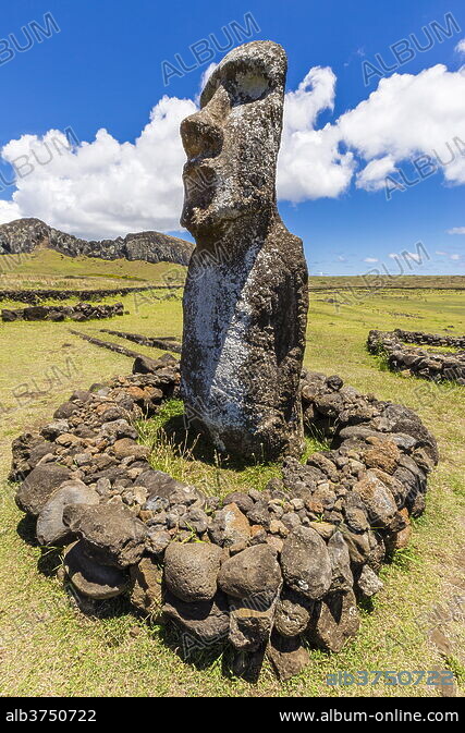 Single moai statue guards the entrance at the 15 moai restored