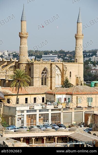 Old Gothic cathedral of Sophia with two minarets of Selimiye Mosque in the old town Lefkosa Nicosia North Cyprus.