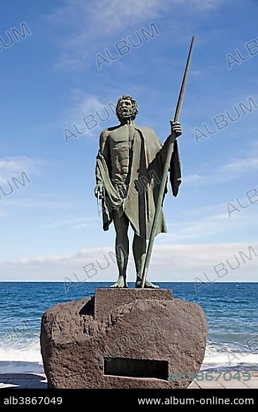 Statue of Guanche king Mencey Adjona, on the waterfront, Candelaria, Tenerife, Canary Islands, Spain, Europe.