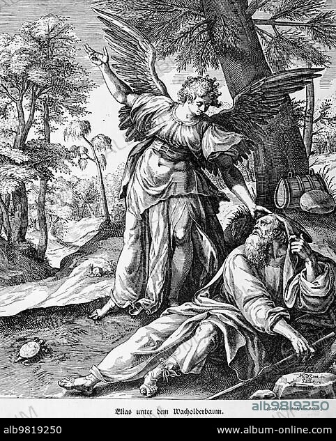 Elijah under the Juniper Tree; First Book of Kings; Chapter 19; Verses 1-8; Old Testament; Bible; angel messenger; landscape; trees; stream; lie; desert; sleep; bread; forty days; historical illustration 1890.