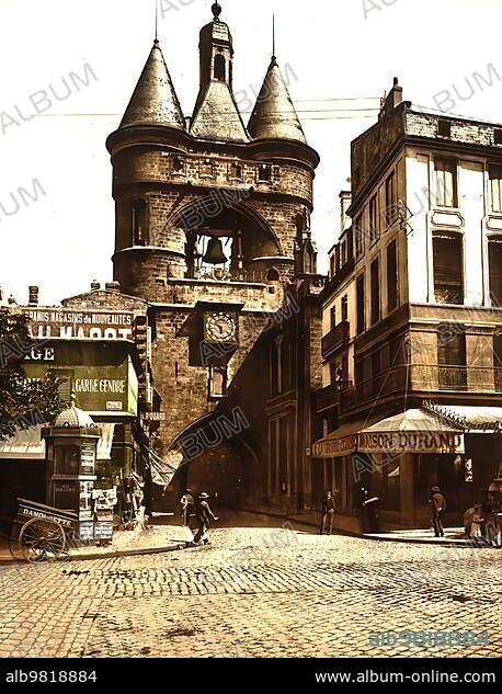 The Clock Tower; Bordeaux; Nouvelle-Aquitaine; France; c. 1890; Historic; digitally enhanced reproduction of a photochrome print from 1895; Europe.