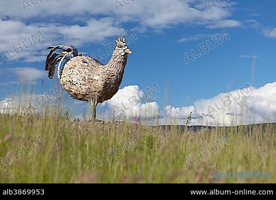 Sculpture of a chicken, mascot of the small village of Chicken, an old gold rush town in Alaska, USA, PublicGround, North America.