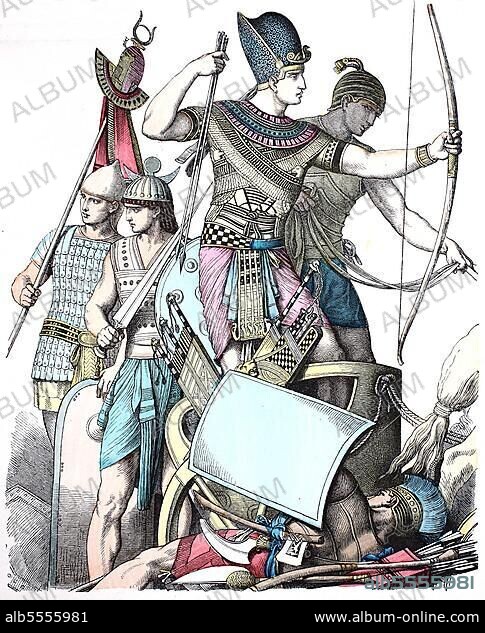 Popular traditional costume, clothing, history of costumes, Egyptian warrior, Egyptian king in war dress, charioteer, Ancient Egypt, pre-Christian times, Historical, digitally restored reproduction of a 19th century original, exact date unknown.