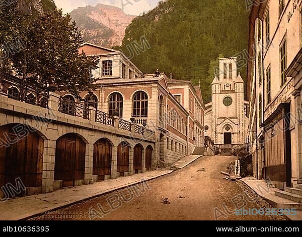 Thermal spring, Eaux Bonnes, in the Nouvelle-Aquitaine region, Pyrenees, France, Historical, digitally restored reproduction from a 19th century original, coloured, Europe.