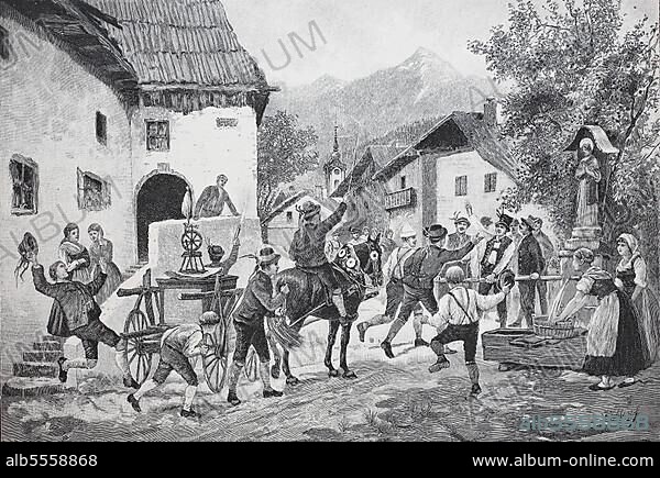 Hochzeit in Kärnten, Österreich, Mitgift, Festzug durch das Dorf, Historisch, digital restaurierte Reproduktion einer Originalvorlage aus dem 19. Jahrhundert.