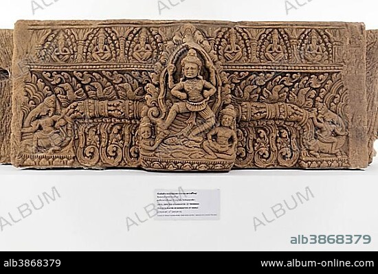 Lintel depicting Vamanavatar of Trivikrama, Avatar, found at Prasat Muang Khaek, Phimai National Museum, Phimai, Korat, Nakhon Ratchasima Province, Isan, Isaan, Thailand, Asia.