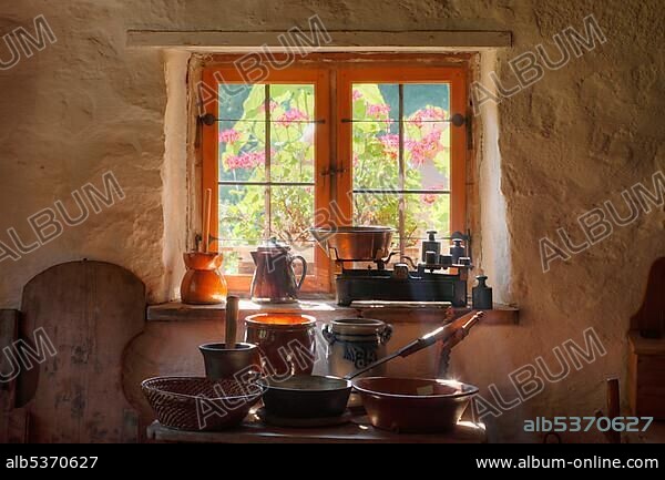 Kitchen appliances at the Lukashof farm, Markus Wasmeier Farm and Winter Sports Museum, Schliersee, Upper Bavaria, Bavaria, Germany, Europe.