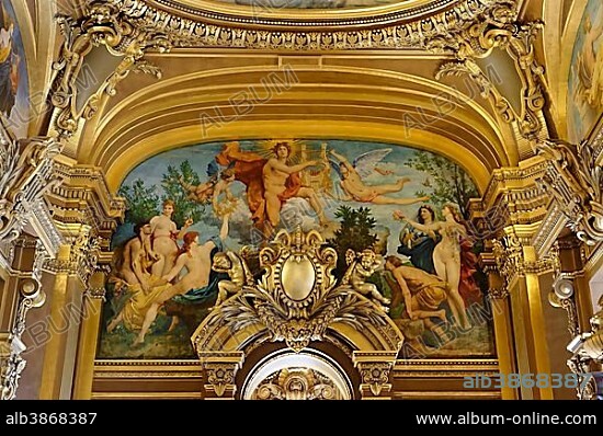 Opera Garnier, fresco, ornate ceiling by Paul Baudry, Paris, France, Europe.