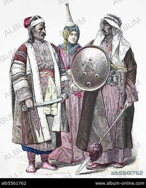 Folk traditional costume, clothing, history of costumes, Balka from Syria, woman from Damaskue, Arab from Baghdad, 1885, digitally restored reproduction of a 19th century original, exact date unknown.
