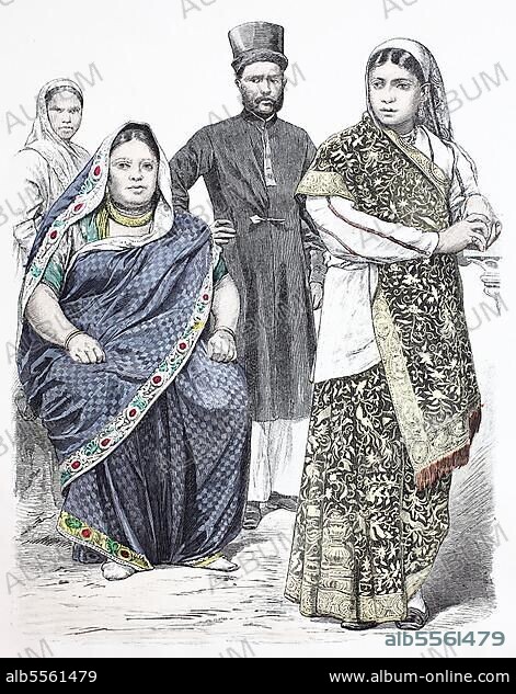 Folk traditional costume, clothing, history of costumes, Parsi from Bombay, India, digitally restored reproduction of an original from the 19th century, exact date unknown, Asia.