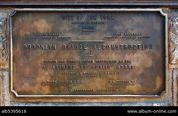 Commemorative plaque to the builder of the Brooklyn Bridge, New York City, USA, North America.