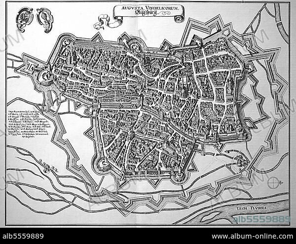 Augsburg, Stadtplan im Mittelalter, Schwaben, Bayern, Deutschland, Historisch, digital restaurierte Reproduktion einer Originalvorlage aus dem 18. Jahrhundert, genaues Originaldatum nicht bekannt.