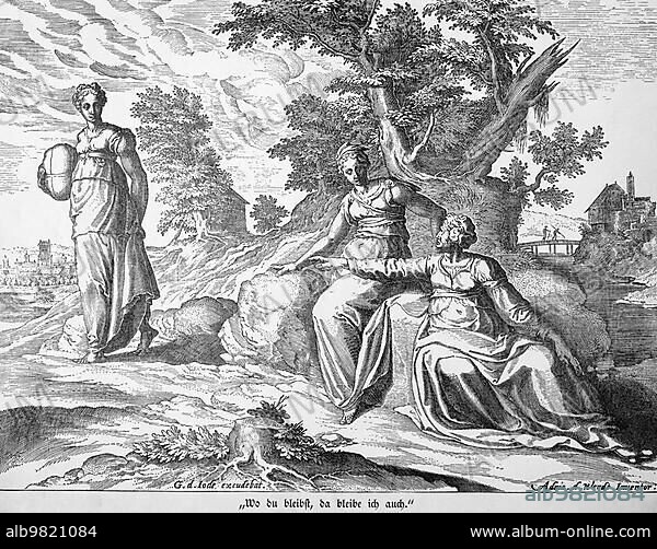 Where you stay; I will stay; Book of Ruth; Chapter 1; Verses 1-17; Old Testament; Bible; three woman; landscape; outdoors; river; bridge; city; Moabite country; Judah; God; weep; sad; people; sister-in-law; historical illustration 1890.