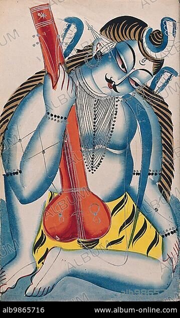 An intoxicated Shiva holding a sitar or tambura in the form of a lingam. Like all Hindu deities, Shiva has many manifestations, he can be benevolent in one aspect and fierce in another. The lingam is the most sacred object associated with the worship of Shiva. It represents Shiva's creative power and his power to control creativity by transforming sexual energy into spiritual energy, 1890, East India, Bengal, Kolkata, Temple Kalighat, Historical, Digital.