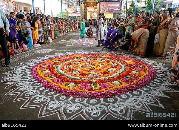 Kolam and floral decoration in front of Kapaleeshwarar temple during a festival in Mylapore, Chennai, Tamil Nadu, Asia.
