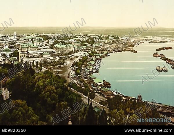 View of Podol I; Kiev; Russia; Ukraine; c. 1890; Historic; digitally enhanced reproduction of a photochrome print of the period; Europe.