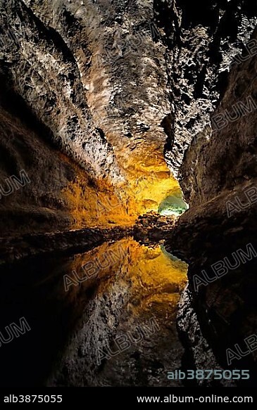 CÉSAR MANRIQUE. Water reflections in the cave Cueva de los Verdes, illuminations of the cave system of a lava tube designed by Cesar Manrique, Lanzarote, Canary Islands, Spain, Europe.