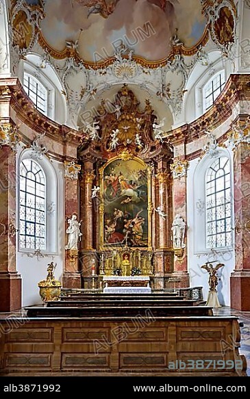 Interior in Rococo style, high altar, Chapel of Anastasia, Benediktbeuern Benedictine monastery, Benediktbeuern, Upper Bavaria, Bavaria, Germany, Europe.