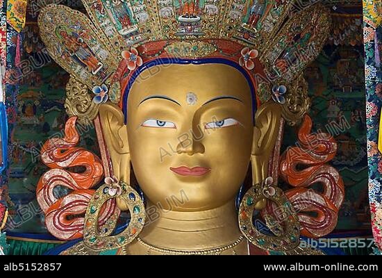 Buddha statue, Maitreya, Yellow Hat Monastery Tikse, Ladakh, Jammu and Kashmir, Indian Himalayas, India, Asia.