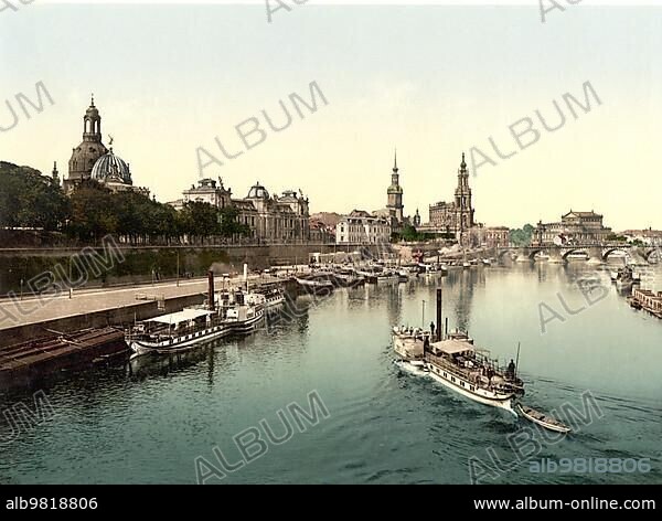 The Karola Bridge and the Old Town of Dresden in Saxony; Germany; Historic; digitally restored reproduction of a photochromic print from the 1890s; Europe.