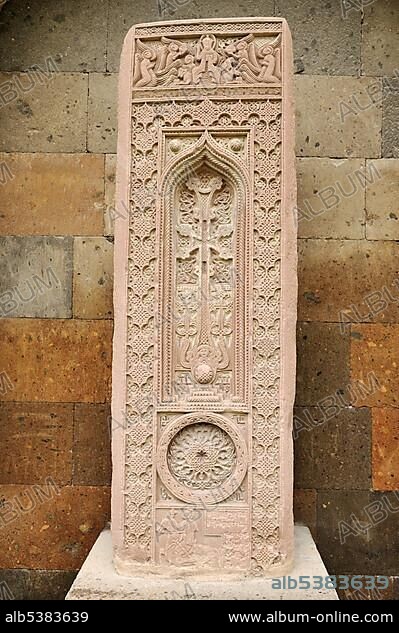 Historic Armenian cross-stone, khachkar, near the main cathedral, UNESCO World Heritage Site, Echmiadzin, Armenia, Asia.