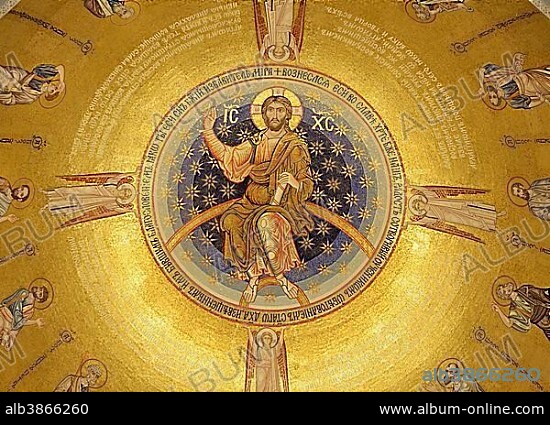 Dome ceiling, depicting the Ascension of Jesus Christ, inside Saint Sava Church, Belgrade, Serbia, Europe.
