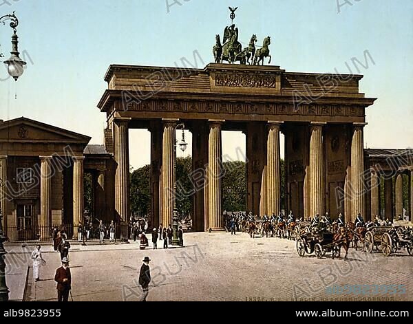 The Brandenburg Gate in Berlin; c. 1890; Germany; Historical; digitally restored reproduction from a 19th century original; Europe.