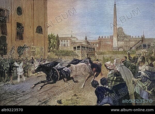 Horse racing on the Corso in Rome in 1870, Italy, Historic, digitally restored reproduction of an original 19th century painting, exact original date not known, Europe.