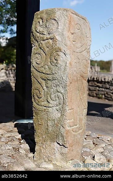 Stone pillar with a relief of Goliath with a sword on the Donagh Cross, Carndonagh, Inishowen Peninsula, County Donegal, Ireland, British Isles, Europe, PublicGround, Europe.