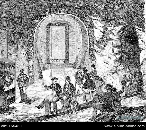 The Berchtesgaden Salt Mine is the oldest active salt mine in Germany, Bavaria, visitors at the entrance, Historic, digitally restored reproduction of an original 19th century artwork, exact original date unknown.