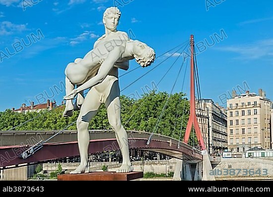 The Weight of Oneself statue on the banks of the Saone River near the Palais de Justice footbridge, Lyon, Rhone, France, Europe.