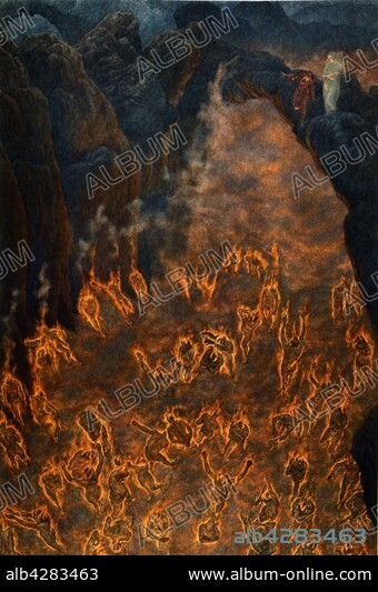 Amos Nattini (1892-1985), "The Divine Comedy" by Dante Alighieri (1265-1321). Inferno, Canto XXVII, Circle 8: Fraud. Bolgia 8: Counsellors of Fraud are wrapped in flames. Dante meets Guido Montefeltro who recounts his life, when he advised Pope Boniface VIII how to conquer the fortress of Palestrina.. Private collection. In 1921, for Dante Aligheri's 600th anniversary of death, the Istituto Nazionale Dantesco chose Amos Nattini to illustrate The Divine Comedy. The illustrations have been published in 1923.