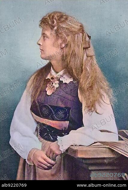 Swedish girl with long blond hair and typical clothes in 1880, Sweden, Historic, digitally restored reproduction of a 19th century original, Europe.