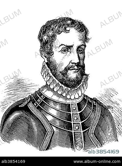Pontus De la Gardie, Baron of Ekholmen, 1520 - 1585, a Swedish army commander and governor of Livonia, historic wood engraving, about 1888.