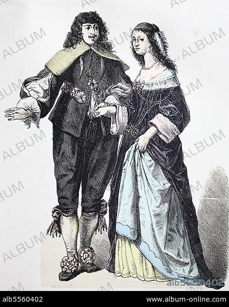 Folk traditional costume, clothing, history of costumes, Dutch couple, 1670-1700, Holland, Historic, digitally restored reproduction of a 19th century original.