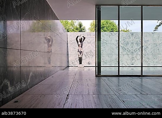 Sculpture in a water pool, Barcelona Pavilion, reconstructed German Pavilion for the 1929 Barcelona International Exposition, by architect Ludwig Mies van der Rohe, Montjuic, Barcelona, Catalonia, Spain, Europe.
